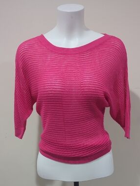 Takeout Hot Pink Ribbed Open-Knit Boatneck Sweater Top